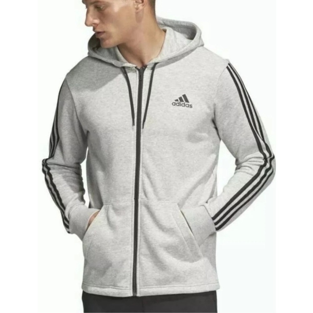 Adidas‎ Mens Essentials 3 Stripe Full Zip Hoodie L Grey Athletic Jacket Sporty